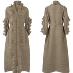 Original Loose Long Sleeves Tied Pleated Falbala Solid Color V-Neck Maxi Dresses
