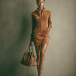 Women's Caramel Brown Faux Suede Stand Collar Zipper Mini Dress