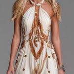 Vintage Bohemia Halter Neck Brown Western Print Off White Chiffon Split Maxi Dress