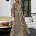 Original Loose Long Sleeves Tied Pleated Falbala Solid Color V-Neck Maxi Dresses