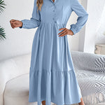 High Waisted Long Sleeves Pleated Ruffled Solid Color Lapel Midi Dresses Shirt Dress