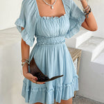 A-line High Waisted Elasticity Pleated Ruffle Trim Solid Color Square-neck Mini Dresses