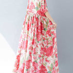 A-line Batwing Sleeves Flower Print Pleated Split-Joint Round-neck Midi Dresses