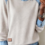 Women'S Casual Lapel Denim Stitching Pullover Sweatshirt