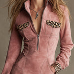Western Retro Long-Sleeved Leopard Print Pink Faux Suede Mini Dress