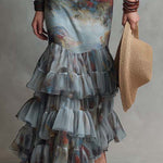 Boho-Vintage Elegant Painterly Floral Chiffon Ruffle Maxi Dress