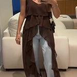Solid Color V-neck Ruffled Irregular Loose Top