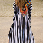 Batwing Sleeves Loose Printed Split-Side Striped V-Neck Beach Cover-Up Maxi Dresses