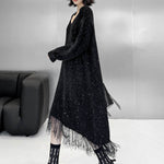Irregularity Long Sleeves Contrast Color Sequined Shiny Split-Joint Tasseled V-Neck Midi Dresses Sweater Dresses