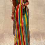 Spaghetti Strap Sleeveless Bow Design Colorful Striped Maxi Vacation Dress