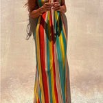 Spaghetti Strap Sleeveless Bow Design Colorful Striped Maxi Vacation Dress