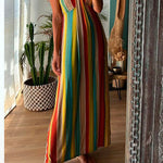 Spaghetti Strap Sleeveless Bow Design Colorful Striped Maxi Vacation Dress