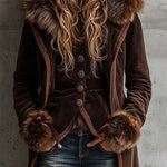 Brown Microfiber Suede Maxi Coat With Metal Buttons And Faux Fur Frim