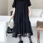 Fake Two-Piece Loose Gauze Pleated Solid Color Split-Joint Tiered Round-Neck Midi Dresses