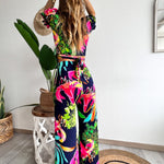 Floral Print V Neck Short Sleeves Crop Top Elastic Waist Wide Leg Pants Set