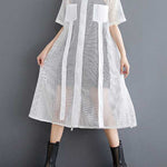 Half Sleeves Loose Hollow Solid Color Split-Joint Zipper Lapel Midi Dresses Shirt Dress
