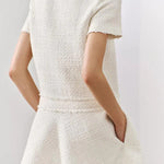 1960s London Girl Tweed Textured Gold Button Short Sleeve Pocketed Mini Dress