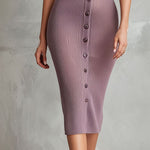 Quiet Luxury Mist Purple Ribbed Knit Button-Down Midi Dress