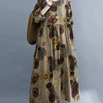 Artistic Retro Loose Long Sleeves Printed Round-Neck Maxi Dresses