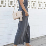 Elastic waist V neck wide leg jumpsuit women