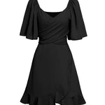 Flared Sleeves Half Sleeves Elasticity Ruffled Solid Color Split-Joint Tied Waist V-Neck Mini Dresses