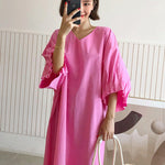 Causal Plus Size Pleated Raglan Sleeve V-Neck Midi Dress