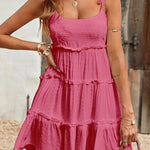 A-Line Loose Jacquard Layered Pleated Solid Color Split-Joint Spaghetti-Neck Mini Dresses