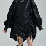 High-Low Long Sleeves Drawstring Pleated Solid Color Stand Collar Mini Dresses