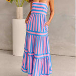 Loose Sleeveless Pleated Split-Joint Striped Spaghetti-Neck Maxi Dresses