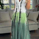 V Neck Sleeveless Color Block Printed Maxi Swing Dress