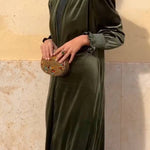 Velvet Puff-Sleeve Stand-Collar Long Coat