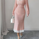 Bodycon High Waisted Lacy Pleated Solid Color Split-Joint Zipper Square-Neck Midi Dresses