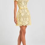 Champagne Toast Flower Lace Short Sleeve Bow Belted Mini Dress