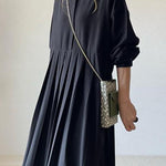 Long Sleeves Loose Pleated Solid Color Split-Joint Round-Neck Maxi Dresses Shirt Dress