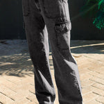 Washed denim multi-pocket non-stretch overalls