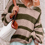 Green Striped Colorblock Knit V Neck Loose Fit Sweater