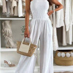Linen Blend Solid Color Off-the-shoulder Pleated Casual Pocket Wide-leg Jumpsuit