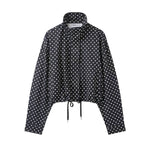 Polka Dot Print Stand Collar Zip-Up Drawstring Cropped Jacket