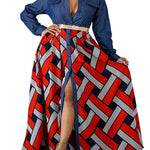 Long Sleeves Loose Buttoned Elasticity Printed Split-Joint Lapel Maxi Dresses