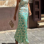 Tie Dye Ombre Gold Floral Print Sexy Strappy Maxi Dress