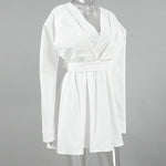Long Sleeves Loose Pleated Solid Color Split-Joint Tied Waist V-Neck Mini Dresses Shirt Dress