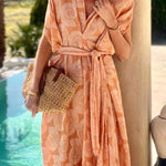 Fashion Conch Print V-Neck Lace-Up Beach Midi Dress