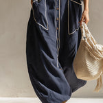 Elegant Urban-style Navy Blue Cotton And Linen Maxi Dress