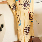 Helia Linen Blend Unique Print Drawstring Waist Kaftan Maxi Dress