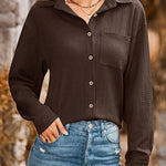 Loose Pocket Lapel Button Textured Blouse