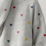 Women'S Casual Loose-Fitting Round-Neck Sweater With Heart Embroidery