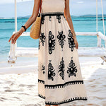 A-Line Loose Elasticity Pleated Printed Split-Joint Square-Neck Maxi Dresses