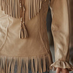 Retro Western-style Beige Slightly Stretchy Faux Suede Fringe Shirt