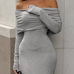 Long Sleeves Skinny Pleated Solid Color Split-Joint Off-The-Shoulder Evening Dresses Maxi Dresses