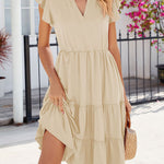 Loose Ruffle Sleeves Pleated Pockets Solid Color Split-Joint V-Neck Midi Dresses